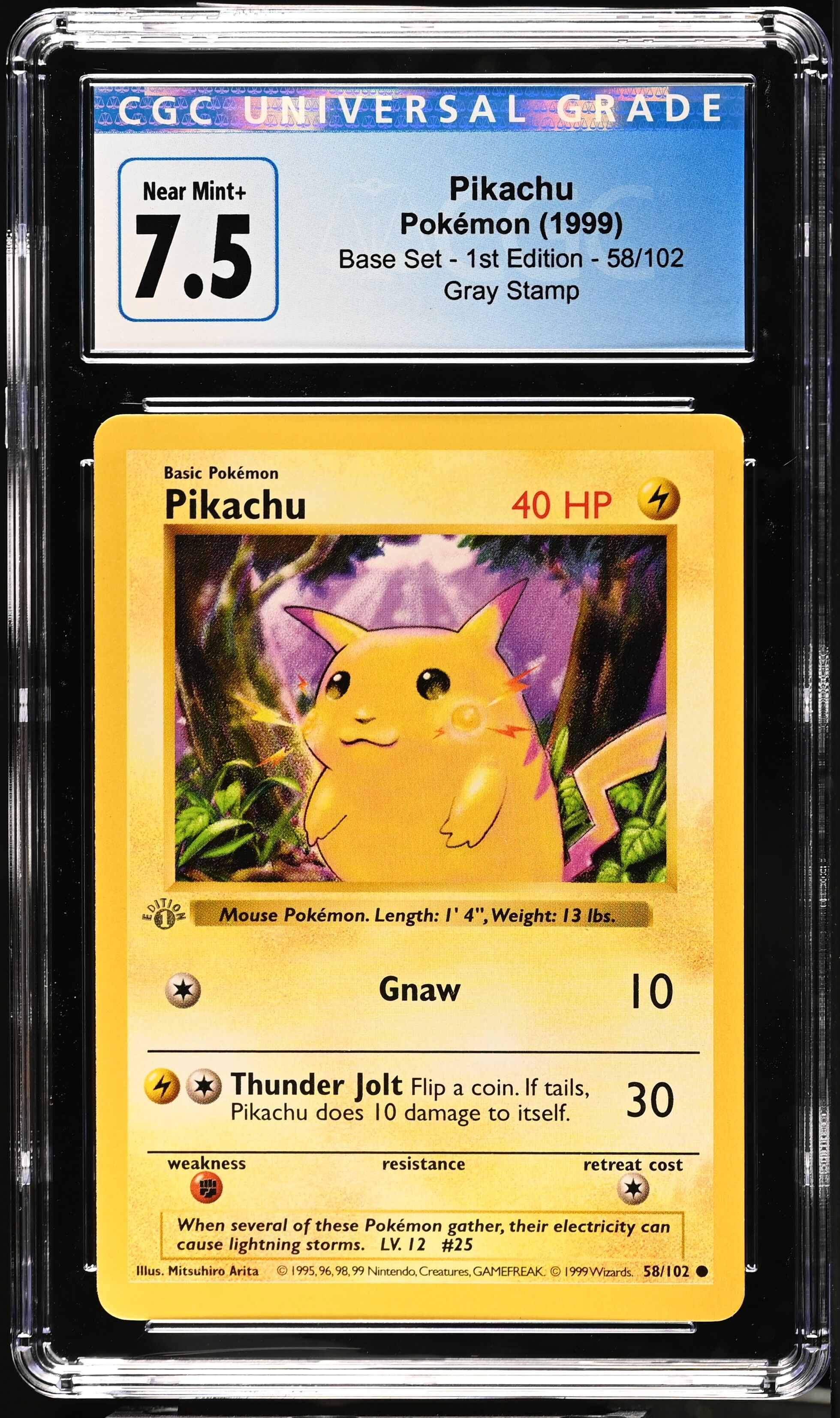 PIKACHU Base Set 1st Edition Shadowless Gray Stamp Error #58/102 CGC 7.5